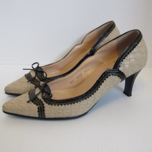 CHANEL Shoes - Chanel Woven Leather Beige Black Bow Toe High Heels Pumps Womens 36.5 US…
